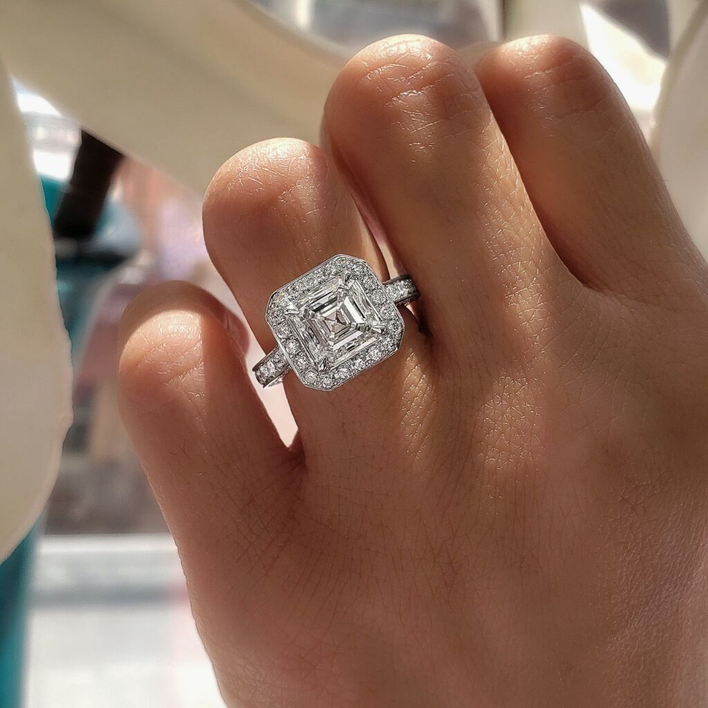 Asscher Cut Diamond Engagement Ring On Hand
