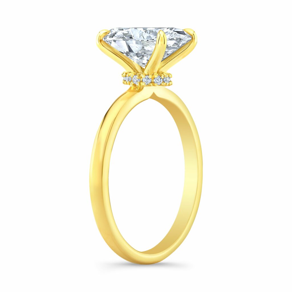 A 4-prong plain band that holds the center stone and is cradled by a discreet row of diamonds underneath.